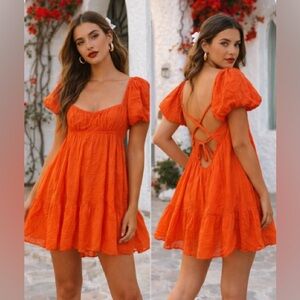 Free People Marina Mini Dress Orange S Cotton Puff Sleeve Open Back Babydoll